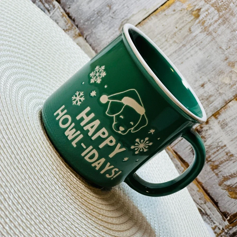 Happy Howl-idays Christmas Puppy Dog Coffee Mug Cup Holiday Santa Snowflake‎